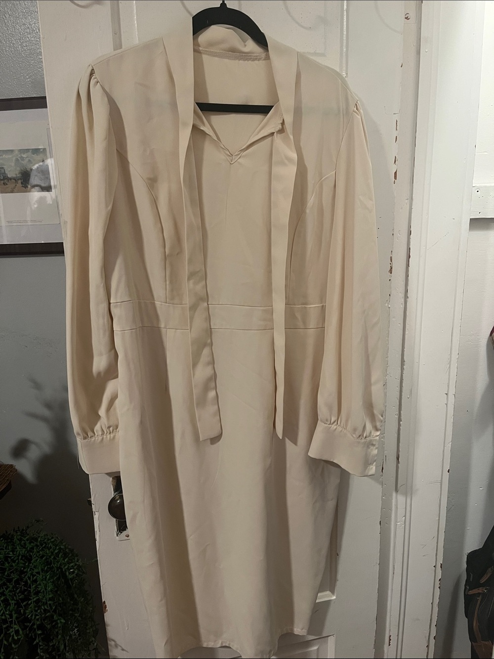 Women's Cream Long Sleeve Tie-Neck Dress